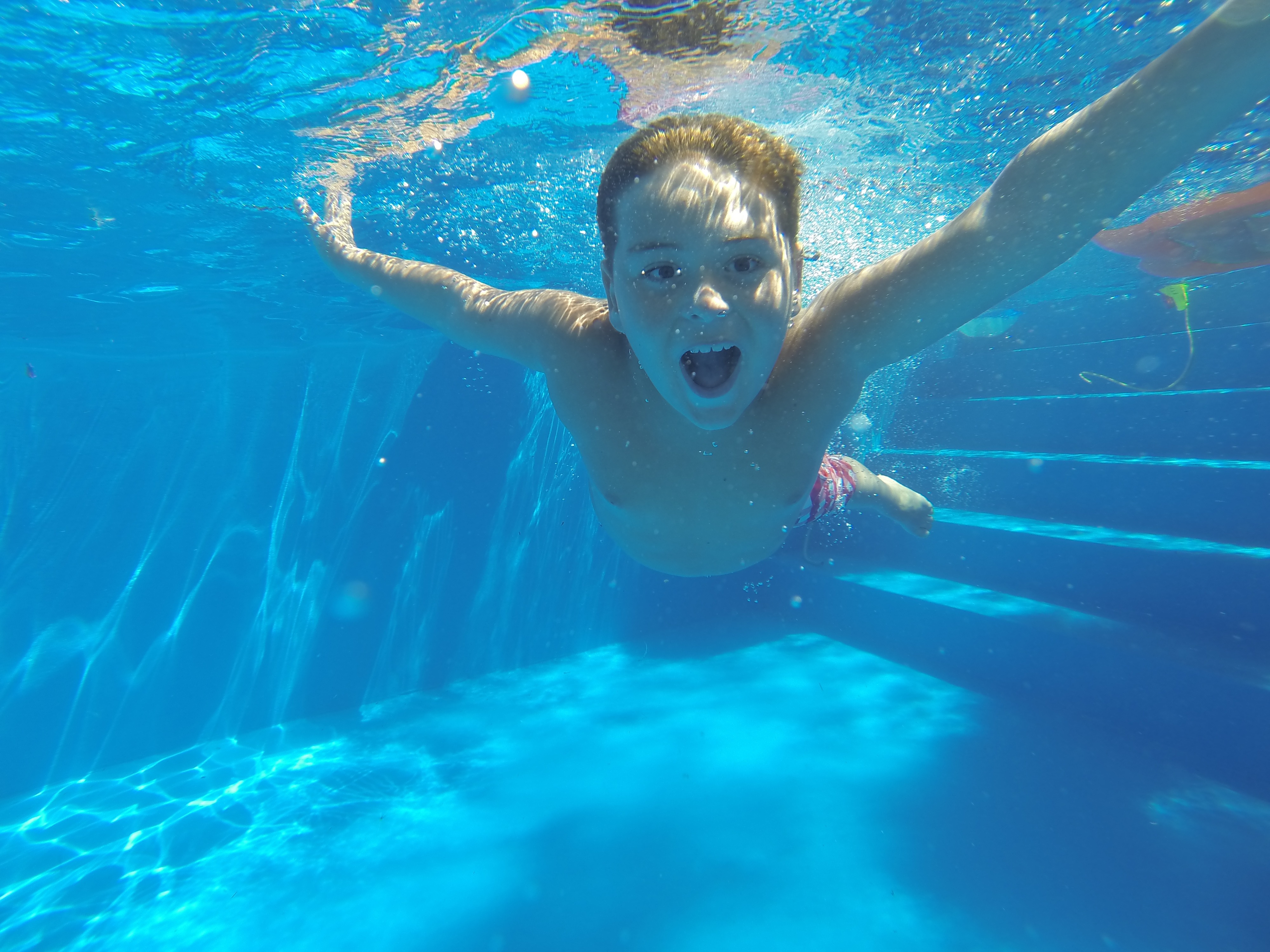 Sunny day at a backyard swimming pool ready for the season